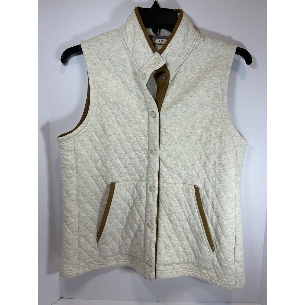 Orvis Vest Jacket Womens Beige Size Large Diamond Quilted Corduroy Trim Cotton